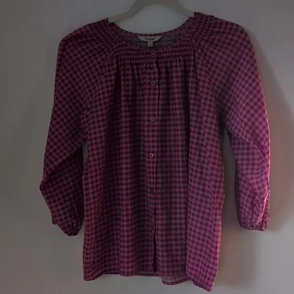Tucker NYC Classic Blouse Fuchsia Gingham Medium - Picture 3 of 8